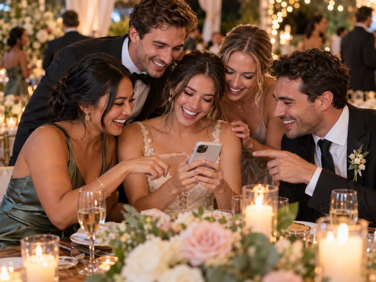 Invitados comparten fotos de una boda desde un celular.