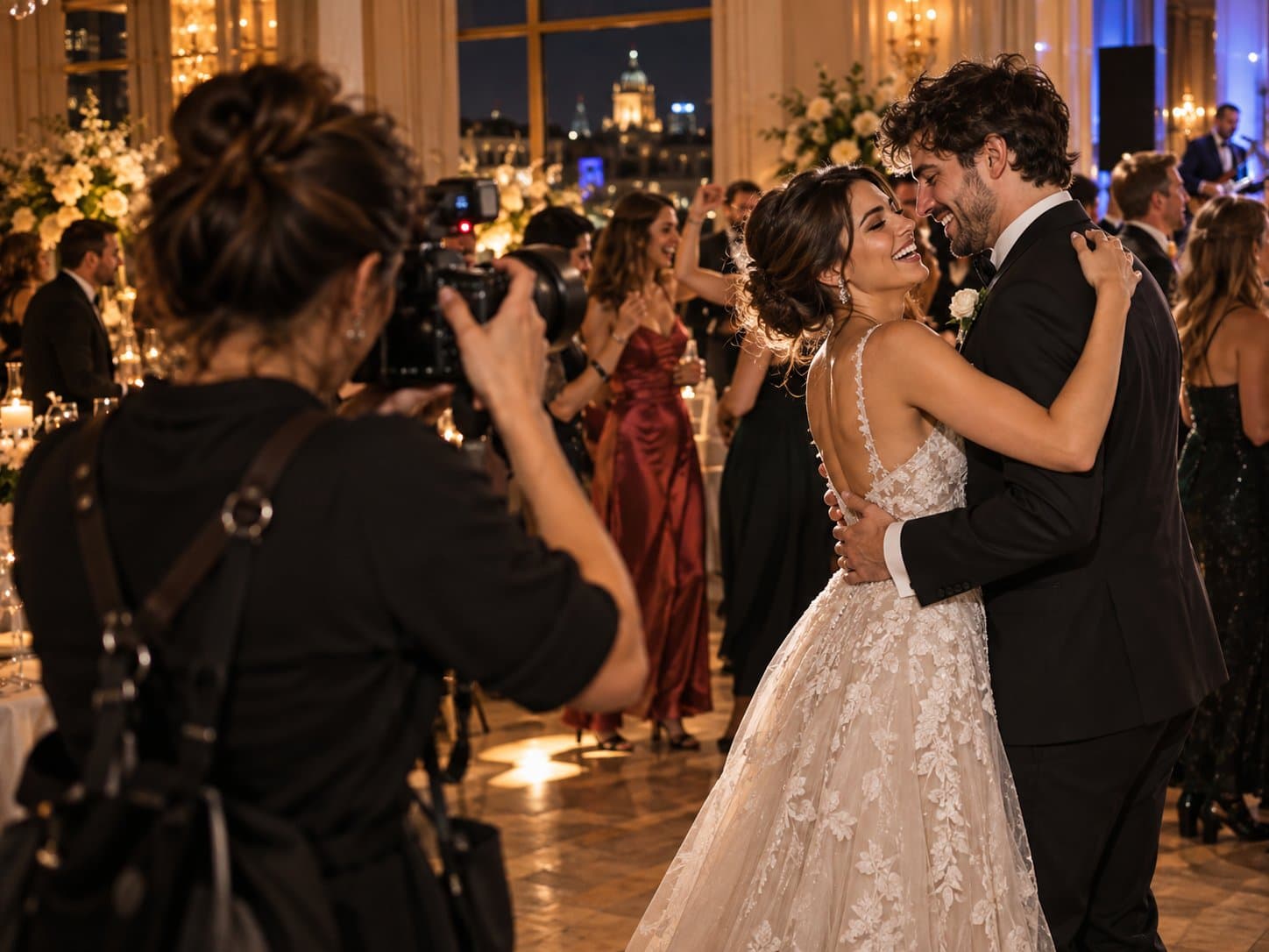 Fotógrafa profesional captura a una pareja durante una recepción de boda.