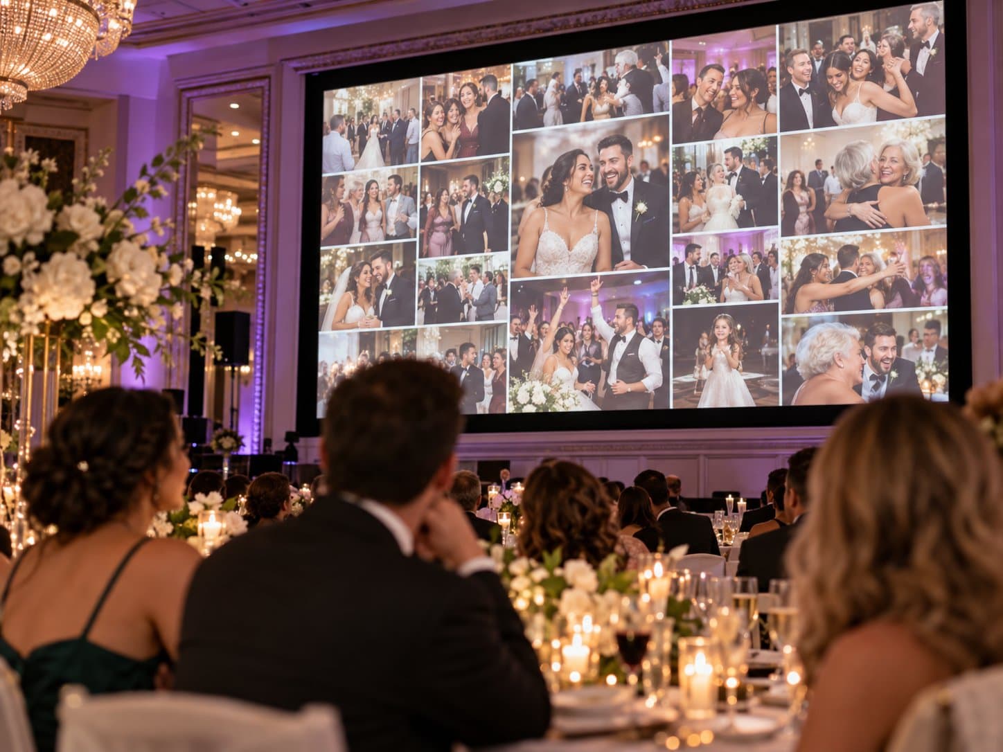 Pantalla grande muestra una galería de fotos durante una celebración.
