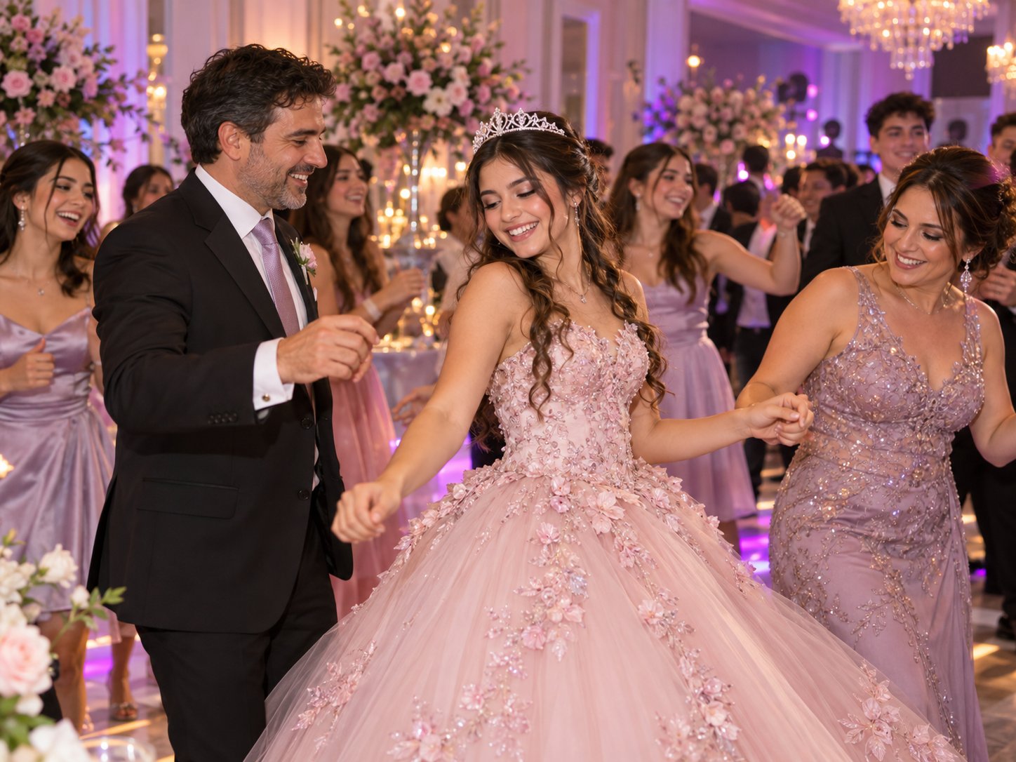 Una quinceañera baila con su familia durante su fiesta de 15.
