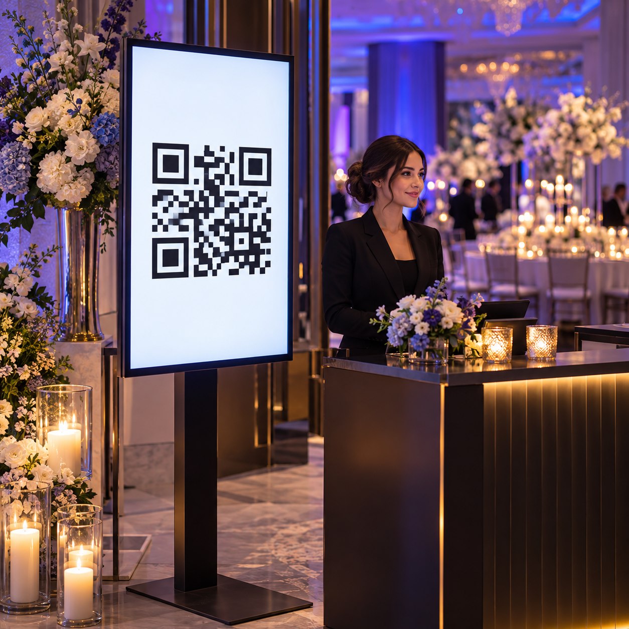 Pantalla digital en la recepción de un evento que muestra el código QR de bienvenida.