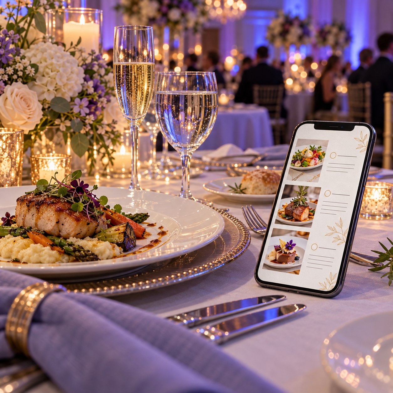 Menú gastronómico digital en un celular junto a una mesa de evento.