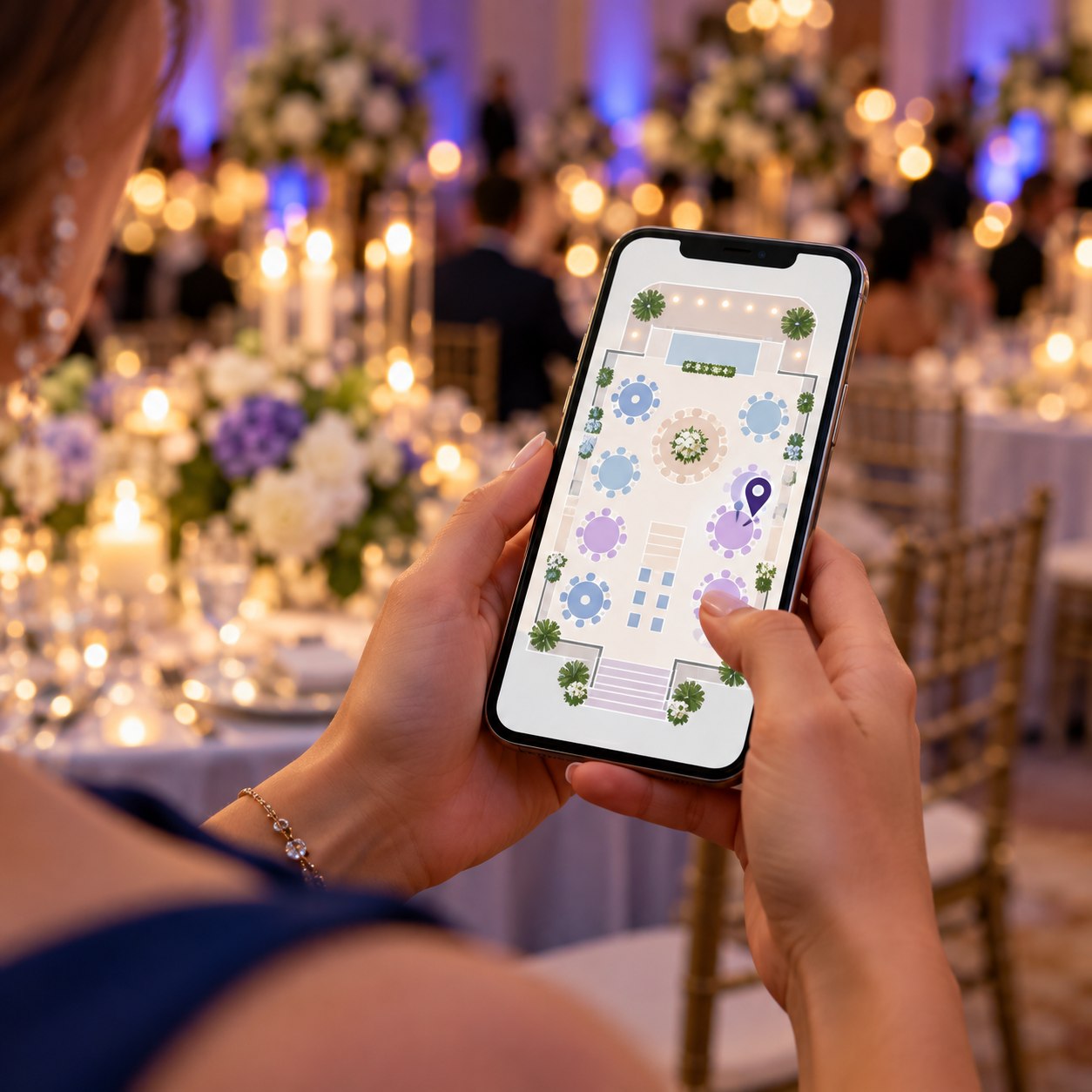 Invitado consulta el plano del salón desde su celular durante una recepción.