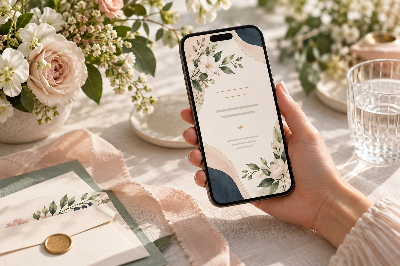 Invitación digital de boda abierta en un celular junto a flores y papelería.