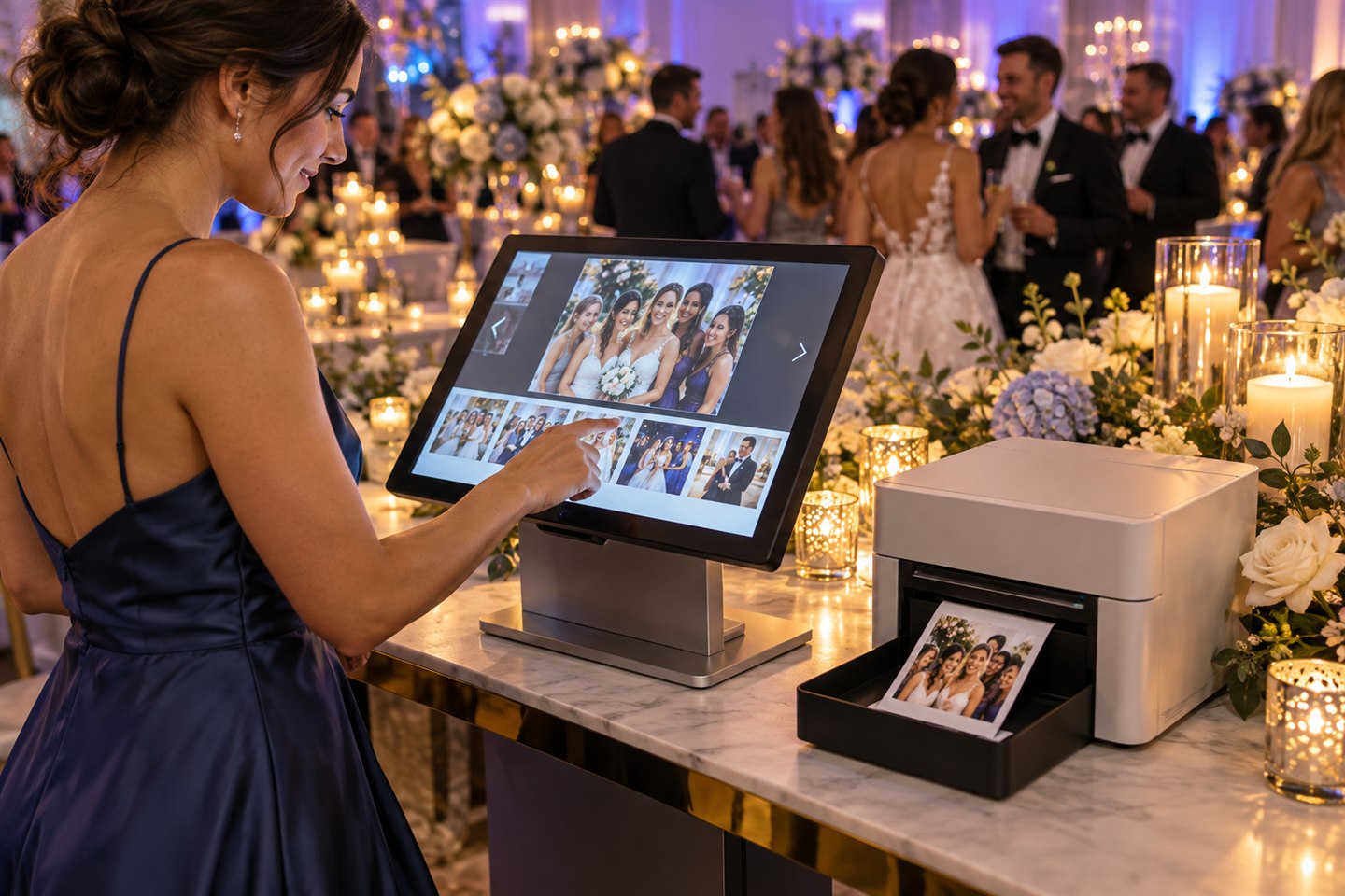 Kiosco en el salón. Los invitados pueden elegir y pedir sus fotos desde una pantalla táctil durante el evento.