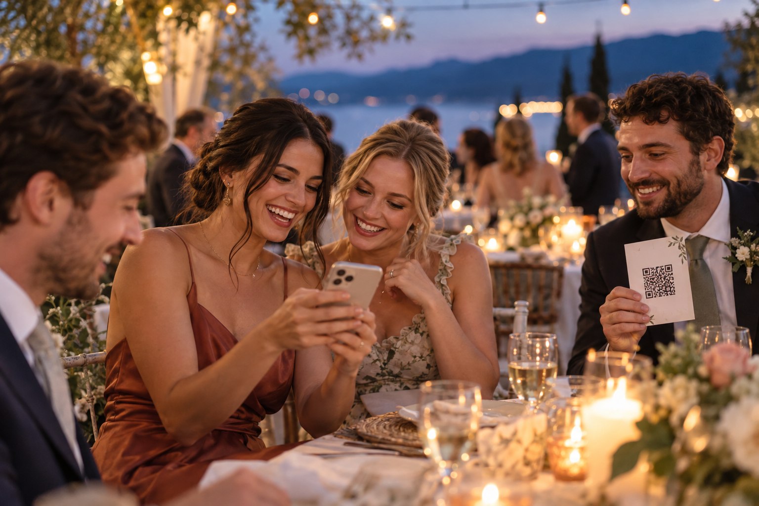 Amigas comparten las fotos que tomaron durante una celebración.