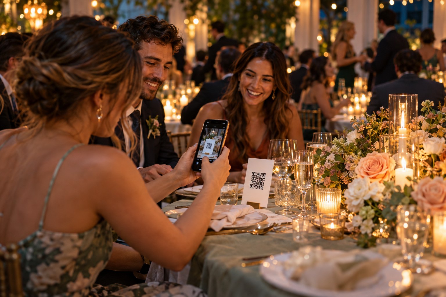 Una invitada escanea el código QR de una mesa durante una boda.
