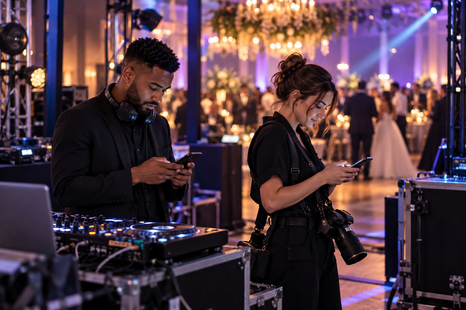 DJ y fotógrafa consultan sus teléfonos antes de una actividad de la boda.