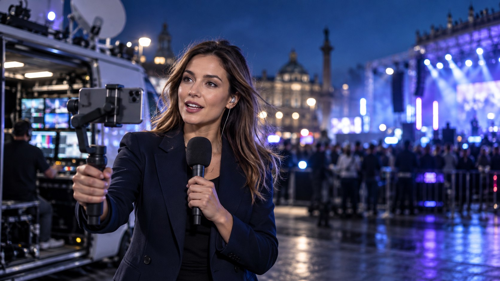 Corresponsal transmite en vivo desde un evento con un celular y auricular de producción